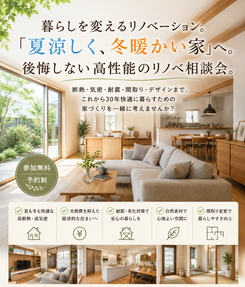 暮らしを変えるリノベーション、 「夏涼しく、冬暖かい家」へ。 後悔しない 高性能リノベ相談会